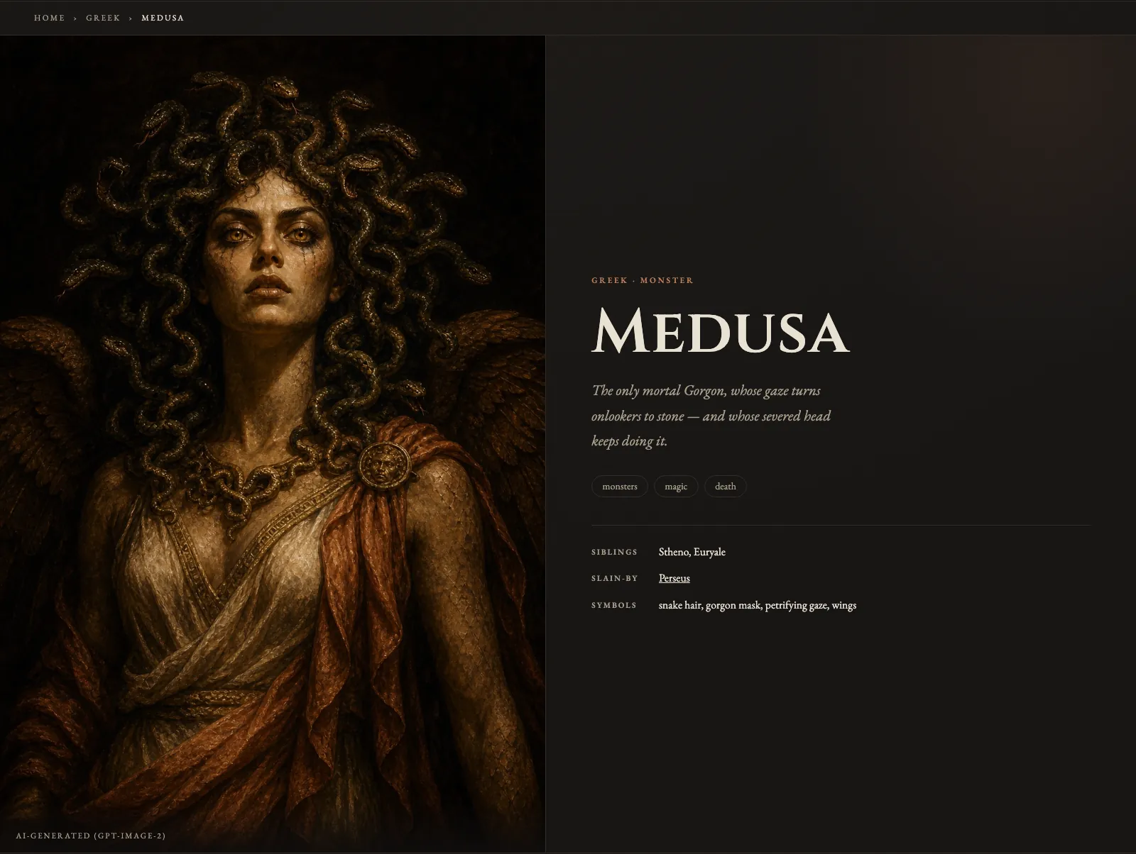Medusa 條目：全高畫像旁邊列出名字、一句簡介、職分、手足、殺她的人與象徵物