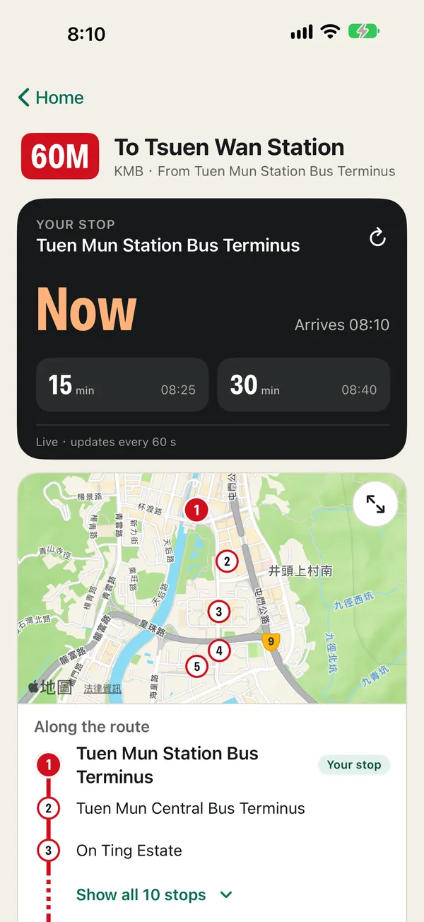 A saved stop: the next bus arriving now, then in 15 and 30 minutes, above a map of the route and the stops along it